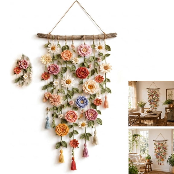 ALOEWXXR Boho Crochet Flower Wall Hanging, Handmade Macrame Floral Tapestry for Bedroom Living Room Farmhouse Decor
