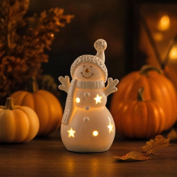 ALOEWXXR Ceramic Snowman Christmas Figurine, Light Up Hollow Cut Star Snowman Statue, Battery Operated Winter Tabletop Centerpiece Holiday Decor