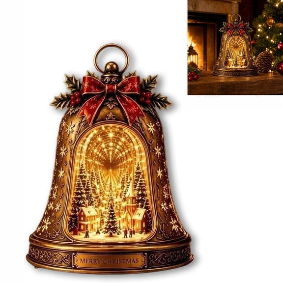 ALOEWXXR Lighted 3D Christmas Village Infinity Bell, Infinity Mirror Snow Scene with Warm LED Glow, Vintage Tabletop Mantel Holiday Decor Gift