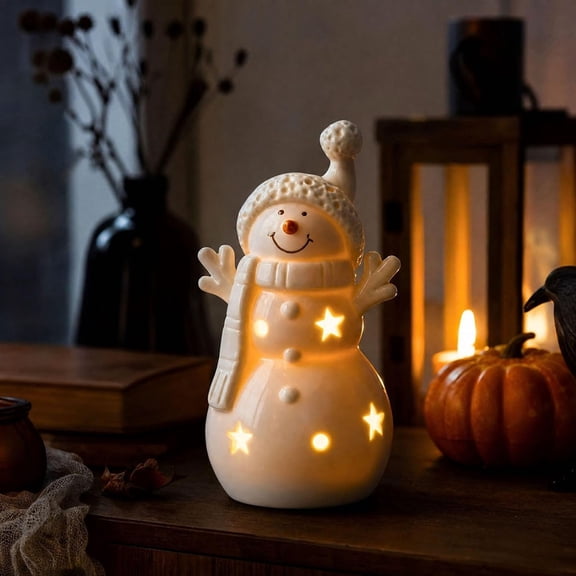 ALOEWXXR Lighted Snowman Figurines, Ceramic Christmas Figurine with Hollow Star LED Glow, Cute Smiling Snowman Tabletop Ornament for Mantel Shelf