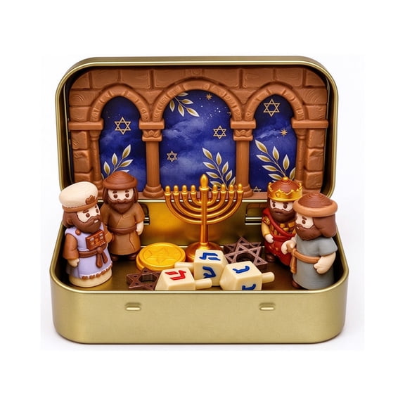 ALOEWXXR Mini Hanukkah Menorah Scene In A Tin Box Portable Festival Holiday Decoration Pocket Keepsake Gift