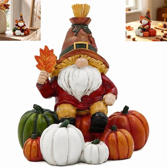 ALOEWXXR Resin Fall Gnome Pumpkin Statue with Maple Leaf, Autumn Harvest Goblin Figurine, Thanksgiving Tabletop Decor for Farmhouse Mantel Shelf
