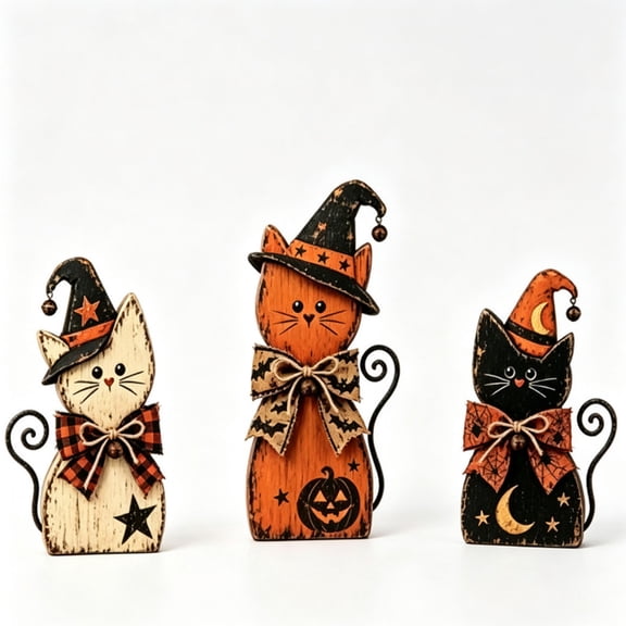 ALOEWXXR Vintage Halloween Witch Three Cats Decor Set, Wooden Ornament Figurine, Farmhouse Mantel Tabletop Decor, Seasonal Autumn Gift (Small)