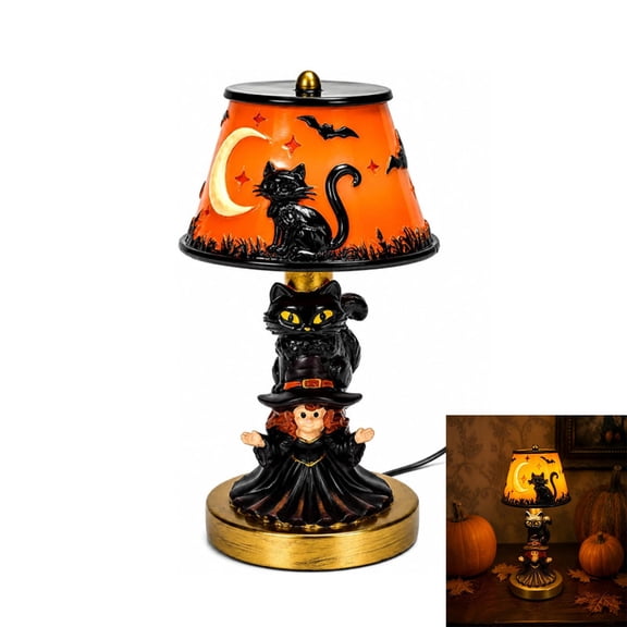 ALOEWXXR Witch Cat Light, Resin Gothic Halloween Decor, Classic Witch Hat and Pumpkin Ghost Designs, Home Decor Seasonal Display
