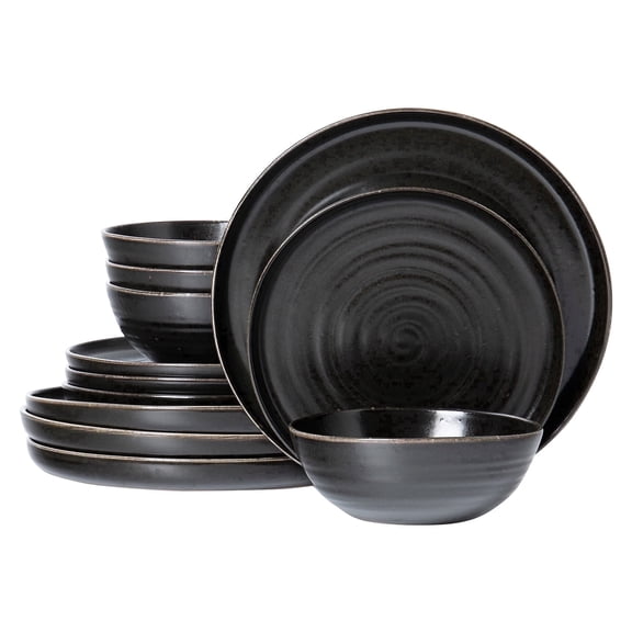 ALOFMO 12-Piece Black Spiral Swirl Stoneware Dinnerware Set, Handcrafted Wheel-Thrown Matte Plates and Bowls, Service for 4, Microwave & Dishwasher Safe