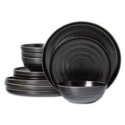 ALOFMO 12-Piece Black Spiral Swirl Stoneware Dinnerware Set, Handcrafted Wheel-Thrown Matte Plates and Bowls, Service for 4, Microwave & Dishwasher Safe