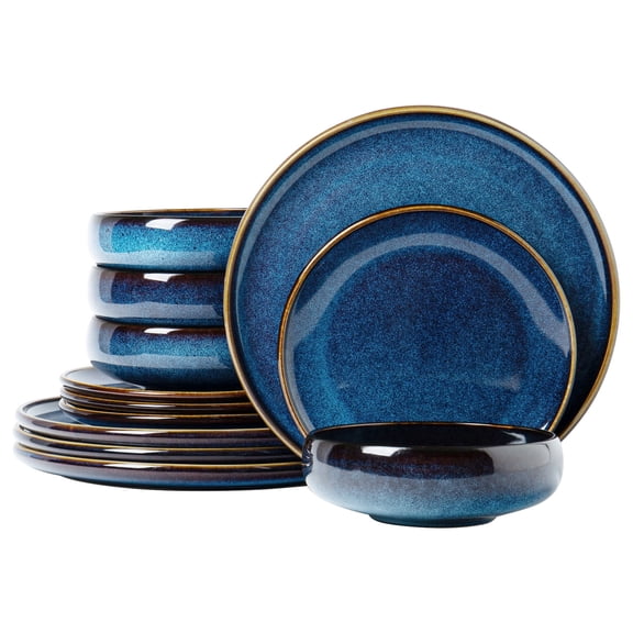 ALOFMO 12-Piece Blue Reactive Glaze Stoneware Dinnerware Set with Gold Rim, Service for 4, Microwave & Dishwasher Safe, Scratch-Resistant Plates and Bowls