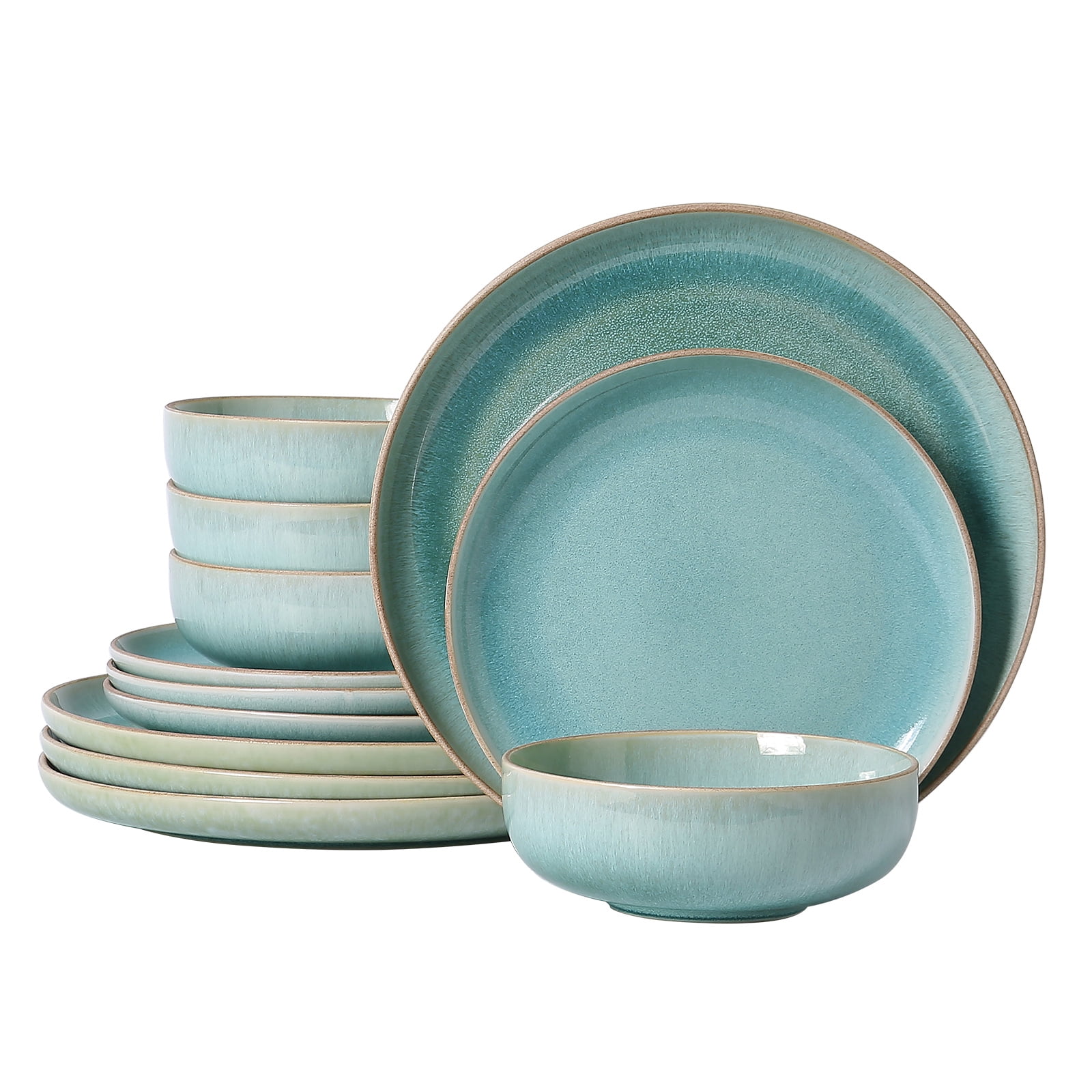 ALOFMO 12-Piece Gradient Green Reactive Glaze Ceramic Dinnerware Set, Nordic Style Stoneware With Plates, Salad Plates, Bowls, Serves 4, Anti-Slip & Scratch-Resistant, Stackable For Space Saving, Mic