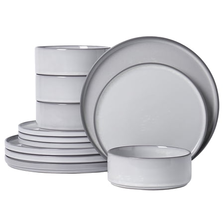 ALOFMO 12-Piece Gray Reactive Glaze Ceramic Dinnerware Set, Modern Stoneware Plates Bowls Service for 4, Anti-Slip Scratch-Resistant, Microwave Dishwasher Safe