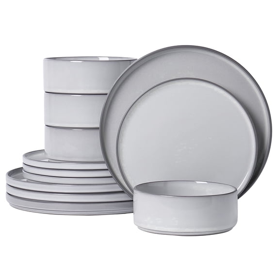 ALOFMO 12-Piece Gray Reactive Glaze Ceramic Dinnerware Set, Modern Stoneware Plates Bowls Service for 4, Anti-Slip Scratch-Resistant, Microwave Dishwasher Safe