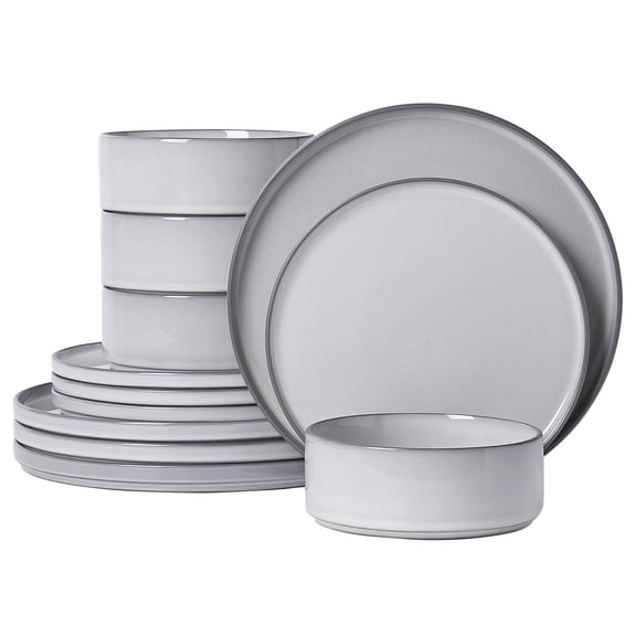 ALOFMO 12-Piece Gray Reactive Glaze Ceramic Dinnerware Set, High-Quality Simple Style Stoneware With Plates, Serves 4, Anti-Slip & Scratch-Resistant, Microwave & Dishwasher Safe, Easy To Clean