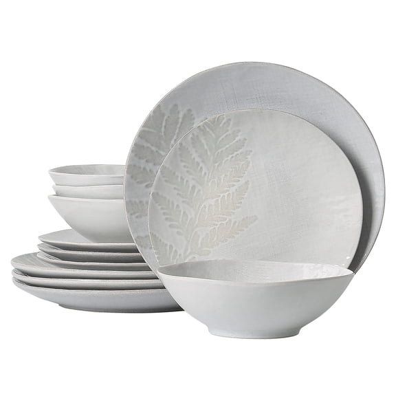 ALOFMO 12 Piece Handmade Reactive Glaze Dove Gray Fern Ceramic Dinnerware Set for 4 People, Round Plates and Bowls Set, Microwave Dishwasher Safe