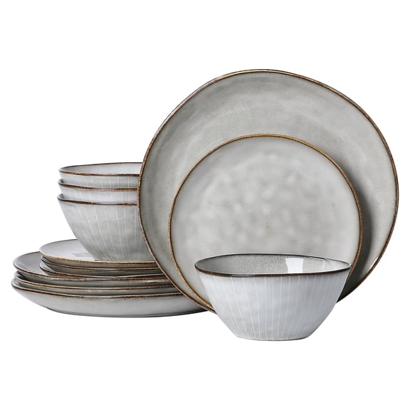 ALOFMO 12 Piece Handmade Reactive Glaze Dove Gray Striped Ceramic Dinnerware Set for 4 People, Round Plates and Bowls Set, Microwave Dishwasher Safe