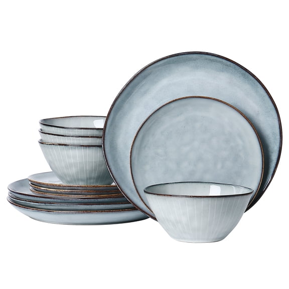 ALOFMO 12 Piece Handmade Reactive Glaze Mist Blue Striped Ceramic Dinnerware Set for 4 People, Round Plates and Bowls Set, Microwave Dishwasher Safe