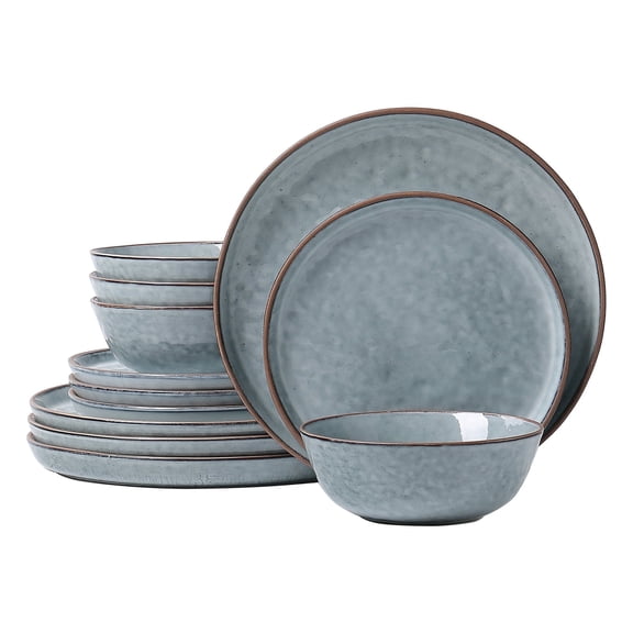 ALOFMO 12-Piece Light Grayish Blue Reactive Glaze Ceramic Dinnerware Set, High-Quality Water Wave Stoneware ,Serves 4, Anti-Slip & Scratch-Resistant, Microwave & Dish Safe