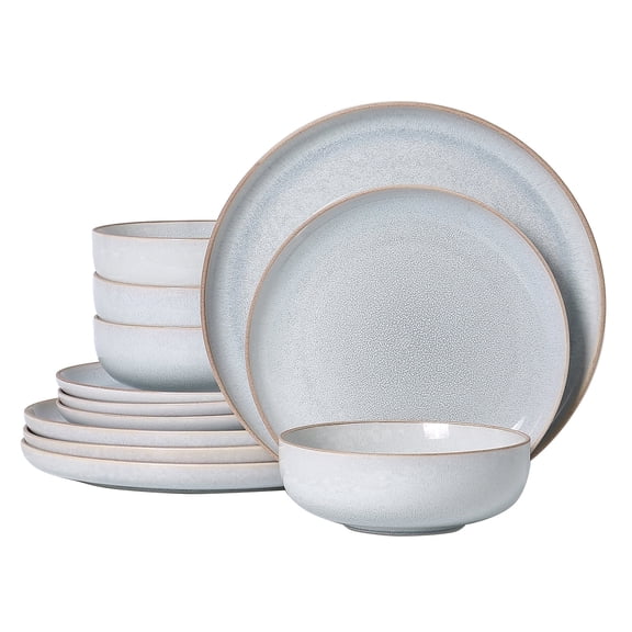 ALOFMO 12-Piece Light Grayish Blue Reactive Glaze Ceramic Dinnerware Set, Nordic Style Stoneware With Plates, Salad Plates, Bowls, Serves 4, Anti-Slip & Scratch-Resistant, Stackable For Space Saving,