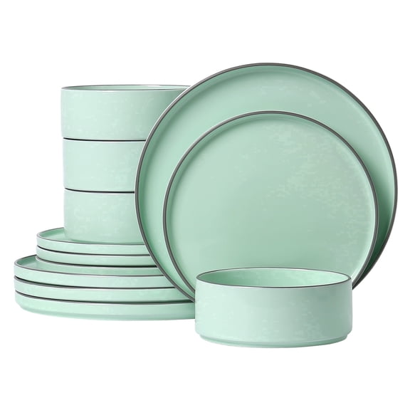 ALOFMO 12-Piece Light Green Reactive Glaze Ceramic Dinnerware Set,Modern Stoneware Plates Bowls Service for 4, Anti-Slip Scratch-Resistant