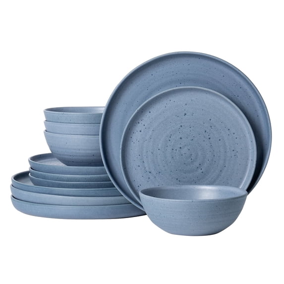 ALOFMO 12-Piece Mist Blue Ribbed Matte Stoneware Dinnerware Set, Handmade Reactive Glaze Ceramic Plates and Bowls, Service for 4, Microwave & Dishwasher Safe