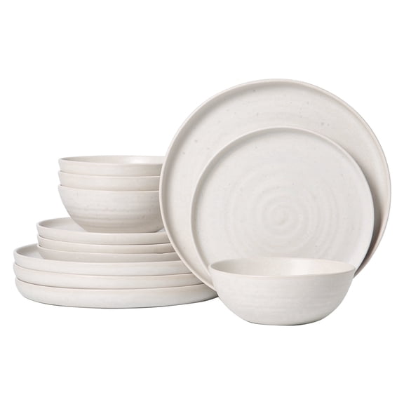 ALOFMO 12-Piece Speckled Swirl Ribbed Stoneware Dinnerware Set for 4, Off White Reactive Glaze Plates & Bowls, Microwave & Dishwasher Safe