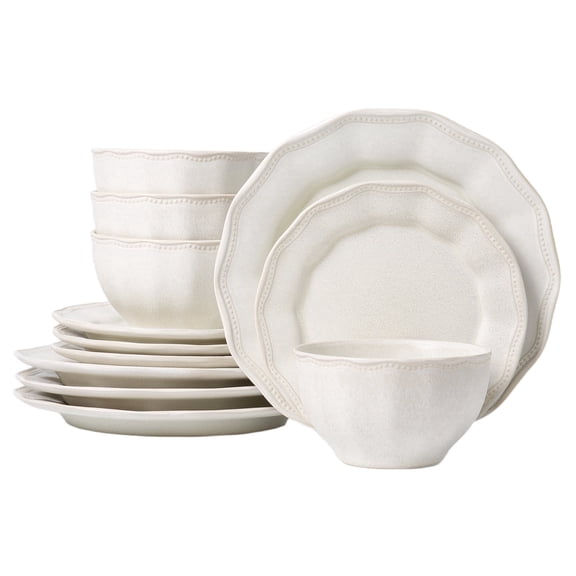 ALOFMO 12-Piece White Embossed Ceramic Dinnerware Set, Matte Texture, Flower-Shaped, European Vintage Stoneware, Includes Plates, Salad Plates, Bowls, Serves 4, Anti-Slip & Scratch-Resistant, Microwa