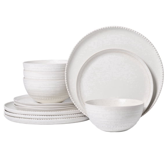ALOFMO 12-Piece White Embossed Ceramic Dinnerware Set, Matte Texture, Pearl-Like Dot-Edged, European Vintage Stoneware, Includes Plates, Salad Plates, Bowls, Serves 4, Microwave & Dishwasher Safe,