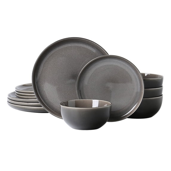 ALOFMO 12pcs Purple-gray Reaction Glaze Ceramic Tableware Set For 4, For Soup Salad Dessert, Pasta, Lamian Noodles - Suitable For Dishwasher And Microwave Oven, Suitable ForGifts, Parties, Weddings,