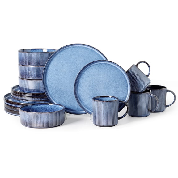 ALOFMO 16-Piece Blue Stripes Ceramic Dinnerware Set - A Reactive Change Glaze Dish Set Including Plates, Pasta Bowls, Soup Bowls, And Mugs, Serving 4 People, Modern Stoneware Dishes, Suitable For Gif