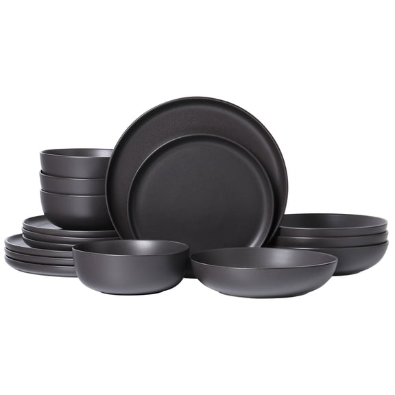 ALOFMO 16 Piece Matte Black Ceramic Dinnerware Set for 4 People, Round Plates, Bowls & Pasta Bowls Set, Dishwasher Microwave Safe Tableware