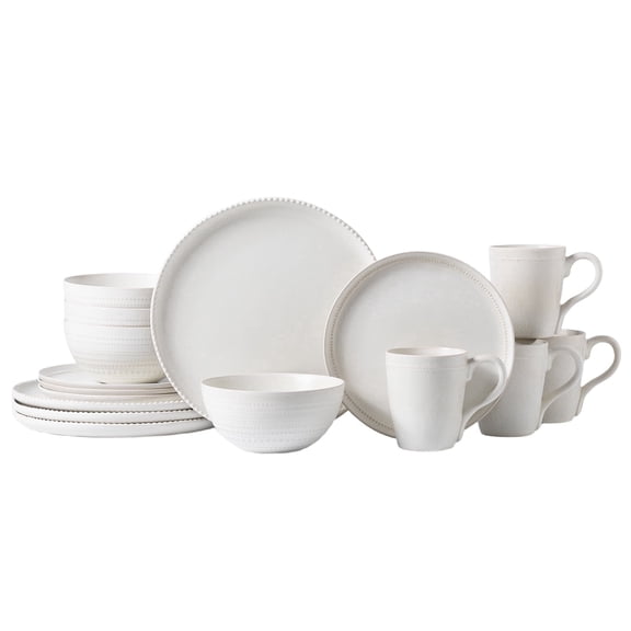 ALOFMO 16-Piece White Embossed Ceramic Dinnerware Set, Matte Texture, Pearl-Like Dot-Edged, European Vintage Stoneware, Includes Plates,Salad Plates,Bowls, Mugs, Serves 4, Microwave & Dishwasher Safe