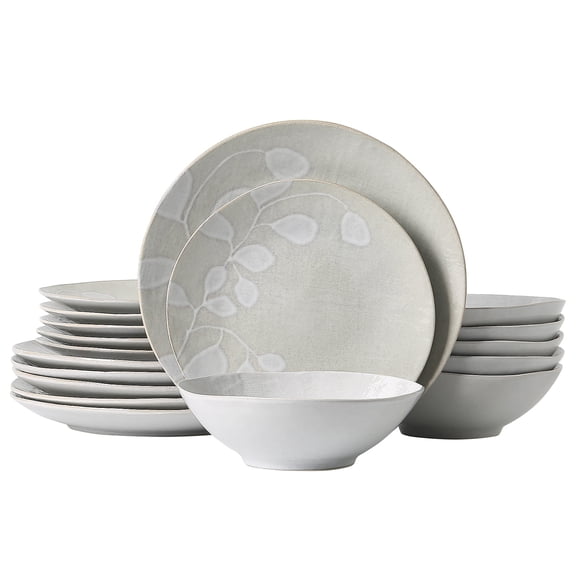 ALOFMO 18 Piece Handmade Reactive Glaze Dove Gray Eucalyptus Ceramic Dinnerware Set for 6 People, Round Plates and Bowls Set, Microwave Dishwasher Safe