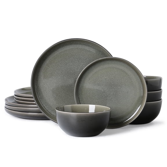 ALOFMO Ceramic Dinnerware For 4, 12pcs Green Reactive Glaze Elegant Tableware Set, Suitable Salad Dessert, Microwave And Dishwasher Safe, Very Suitable For Gifts, Parties, Weddings, Family Dinners