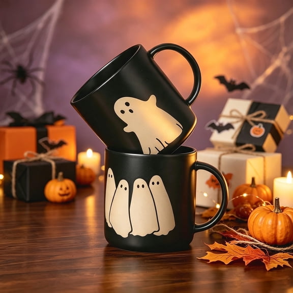 ALOFMO Halloween Ghost Stoneware Mugs Set of 2, 14OZ Matte Black Spooky Ghost Coffee Cups, Microwave & Dishwasher Safe Holiday Drinking Mugs