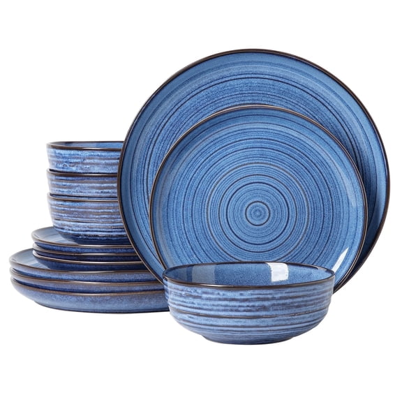 ALOFMO 12 Piece Stoneware Dinnerware Set for 4, Blue Reactive Glaze Plates and Bowls, Microwave & Dishwasher Safe