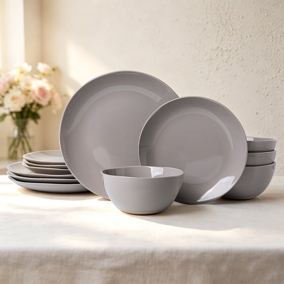 ALOFMO Stoneware Dinnerware Sets, 12 Pieces Plates and Bowls, Dish Set for 4, Handcrafted Irregular Plate Sets for Kitchen, Microwave & Dishwasher Safe, Gray