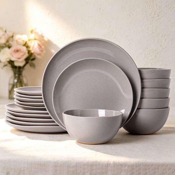 ALOFMO Stoneware Dinnerware Sets, 18 Pieces Plates and Bowls, Dish Set for 6, Plate Sets for Kitchen, Microwave & Dishwasher Safe, Gray