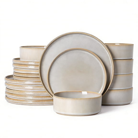 ALOFMO Stoneware Dinnerware Sets, Plates and Bowls Sets, Dish Set for 6, 18 Piece Dinner Set, Plate Sets for Kitchen, Cappuccino White