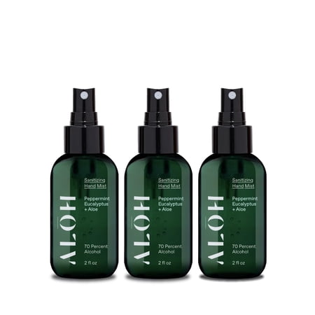 ALOH Sanitizing Hand Mist 3-pack | Peppermint Eucalyptus + Aloe | 70% Alcohol Hydrating Hand Sanitizer Spray with Essential Oil, for Kids & Adults | 2oz Travel Size Bottle (Set of 3)