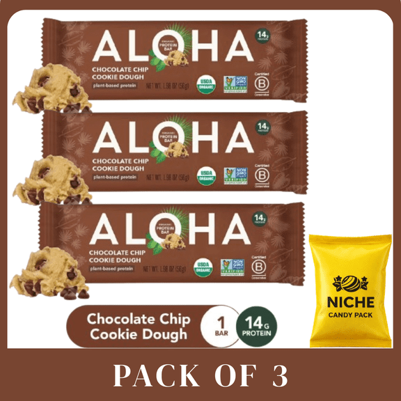 ALOHA Chocolate Chip Cookie Dough Bars, 1.98 oz, Pack of 3-with candy pack