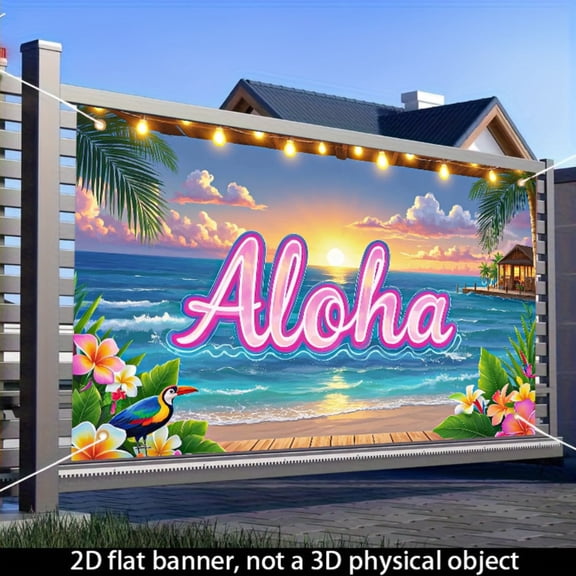 ALOHA Hawaiian Sunset beach-themed banner, indoor and outdoor party decoration background cloth, 71x43 inches, holiday wall flag hanging, parrot hibiscus flower and log cabin palm tree design, suitab