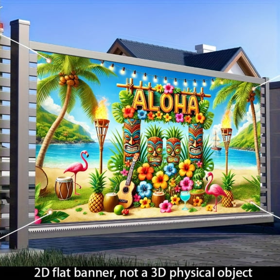 ALOHA Hawaiian Tiki totem-themed banner, indoor and outdoor party decoration background cloth, 71x43 inches, festival wall flag hanging, flamingo pineapple and hibiscus firework design, suitable for