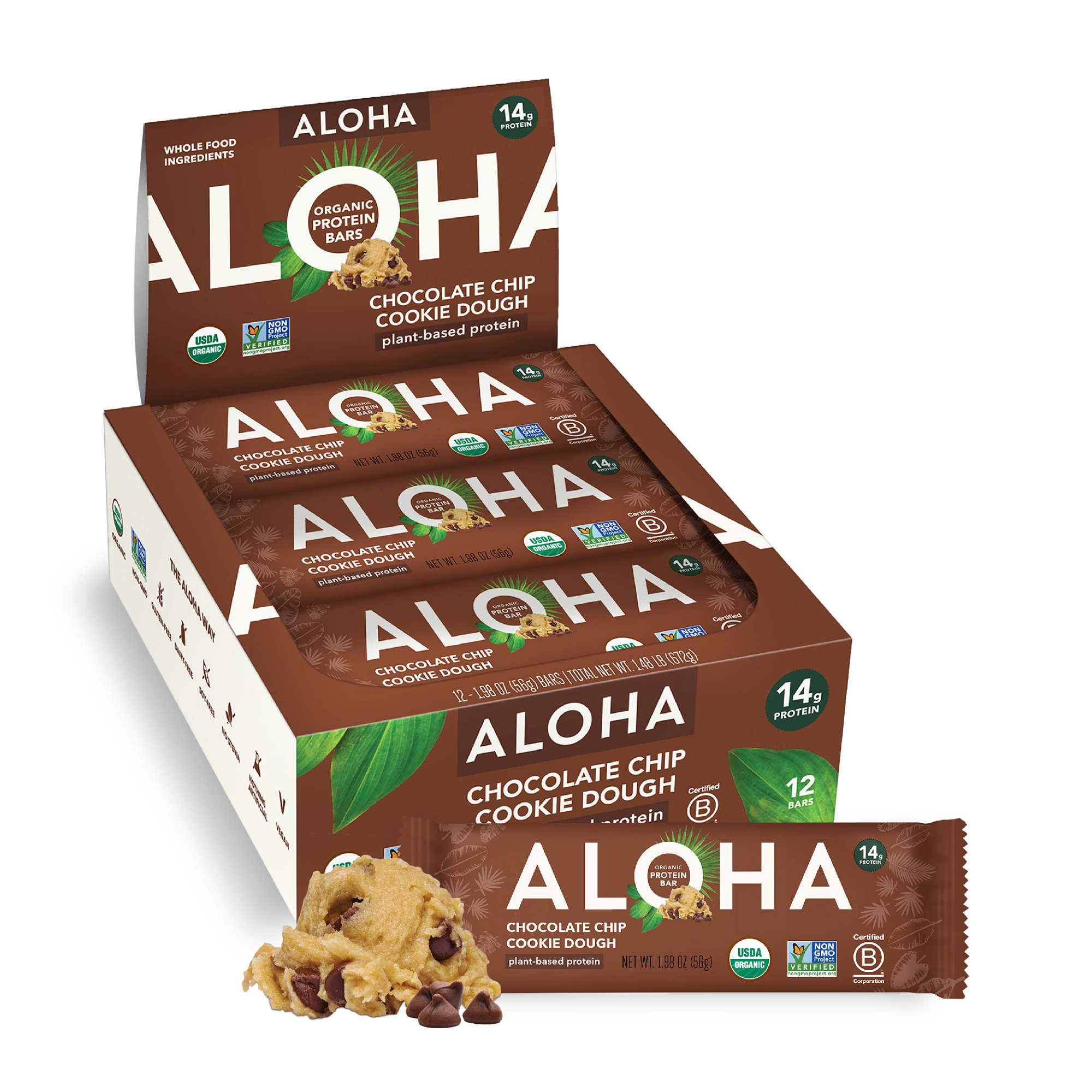 ALOHA Organic Chocolate Chip Cookie Dough, Protein Bars - 12 Pack - image 1 of 8