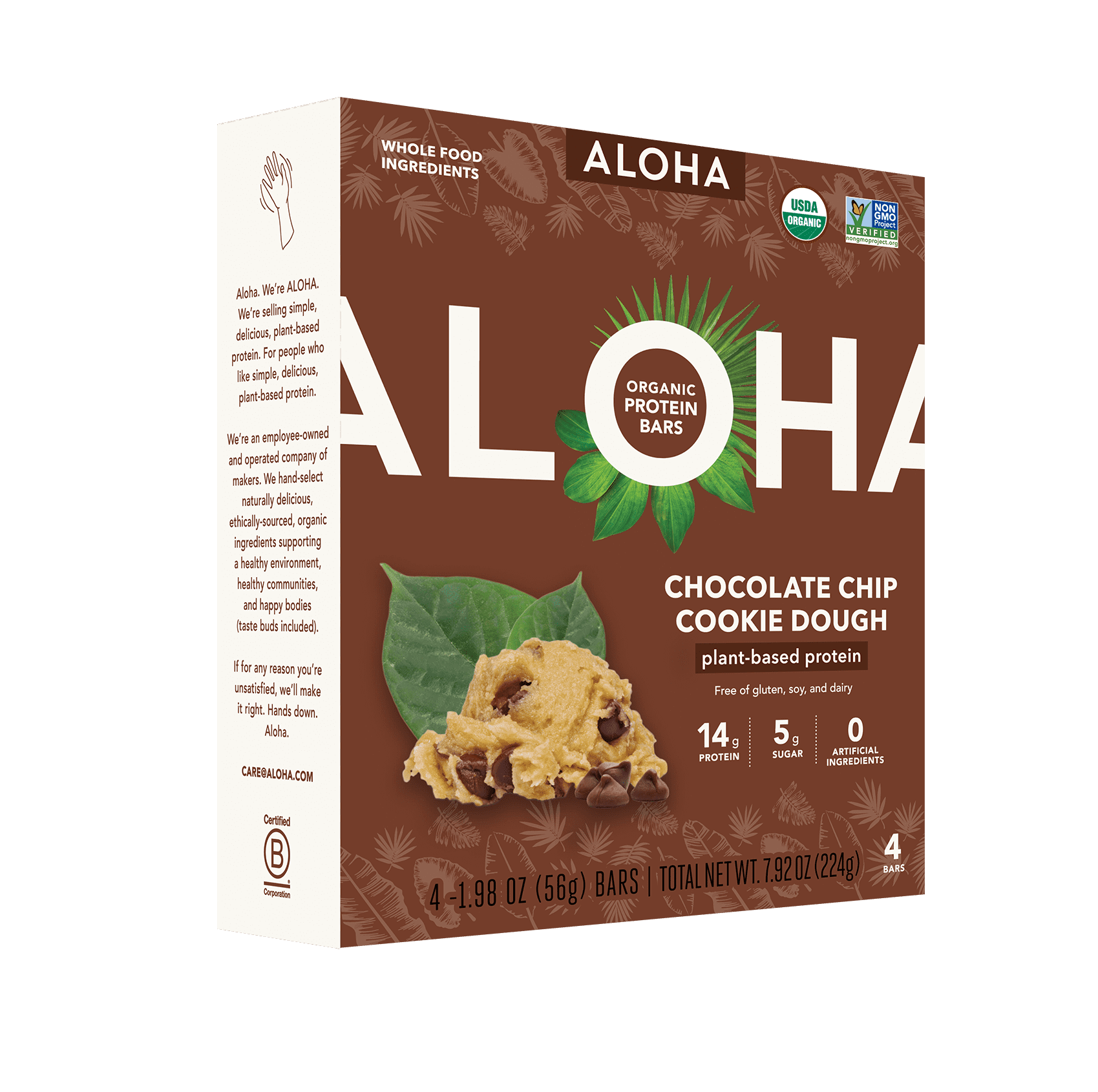 ALOHA Organic Plant Based Protein Bars 4-Pack - Chocolate Chip Cookie Dough - 1.98oz Bars - Vegan, Low Sugar, Gluten-Free, Paleo, Low Carb, Non-GMO, Stevia-Free, Soy-Free, No-Erythritol