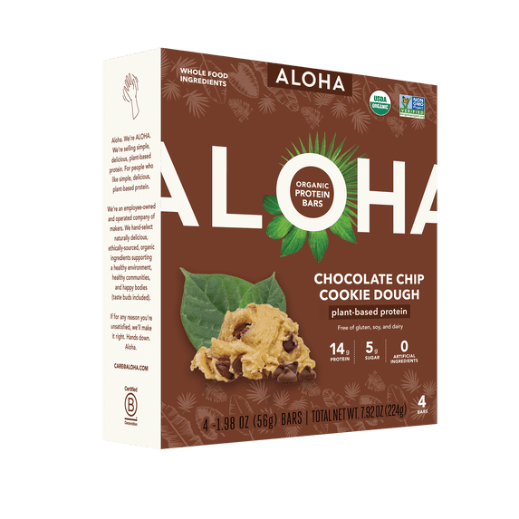 ALOHA Organic Plant Based Protein Bars 4-Pack - Chocolate Chip Cookie Dough - 1.98oz Bars - Vegan, Low Sugar, Gluten-Free, Paleo, Low Carb, Non-GMO, Stevia-Free, Soy-Free, No-Erythritol