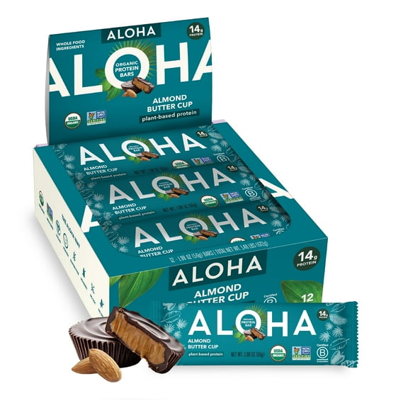 ALOHA, Organic Plant Based Protein Bars, Almond Butter Cup, 14g Protein (Pack of 12)