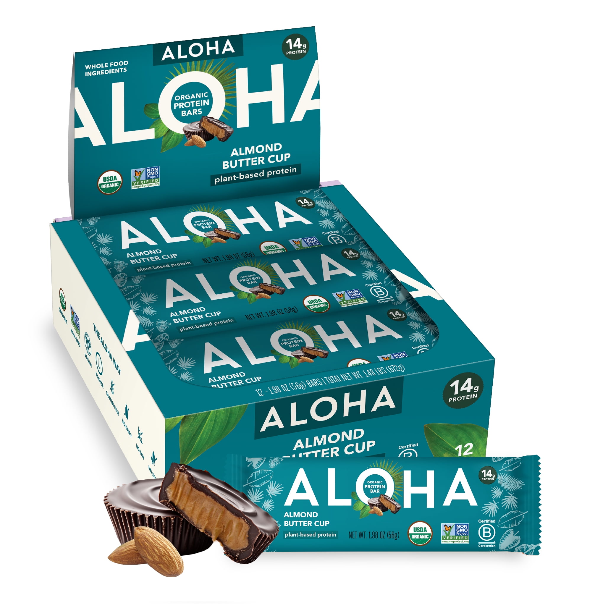 ALOHA, Organic Plant Based Protein Bars, Almond Butter Cup, 14g Protein (Pack of 12)