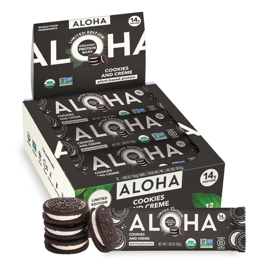ALOHA, Organic Plant Based Protein Bars, Cookies and Creme, 14g Protein (Pack of 12)