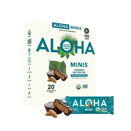 ALOHA, Organic Plant Based Protein, Mini Bars, Almond Butter Cup (Pack of 20)