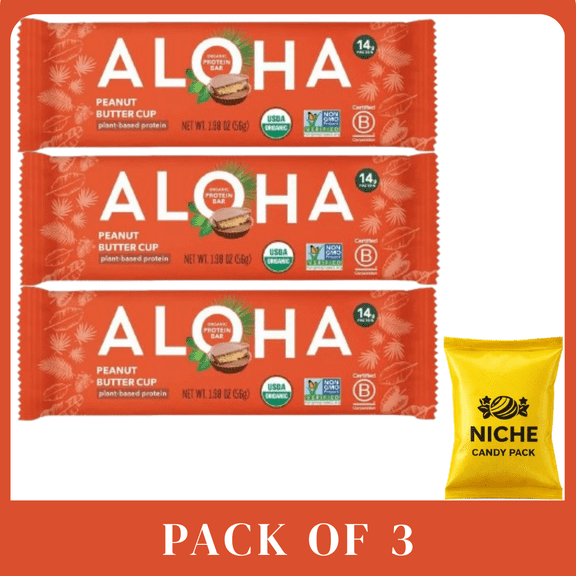 ALOHA Peanut Butter Cup Bars, 1.98 oz, Pack of 3