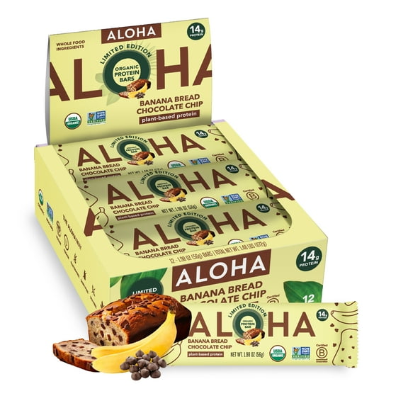 ALOHA, Plant Based Protein Bars, Banana Bread Chocolate Chip (Pack of 12)