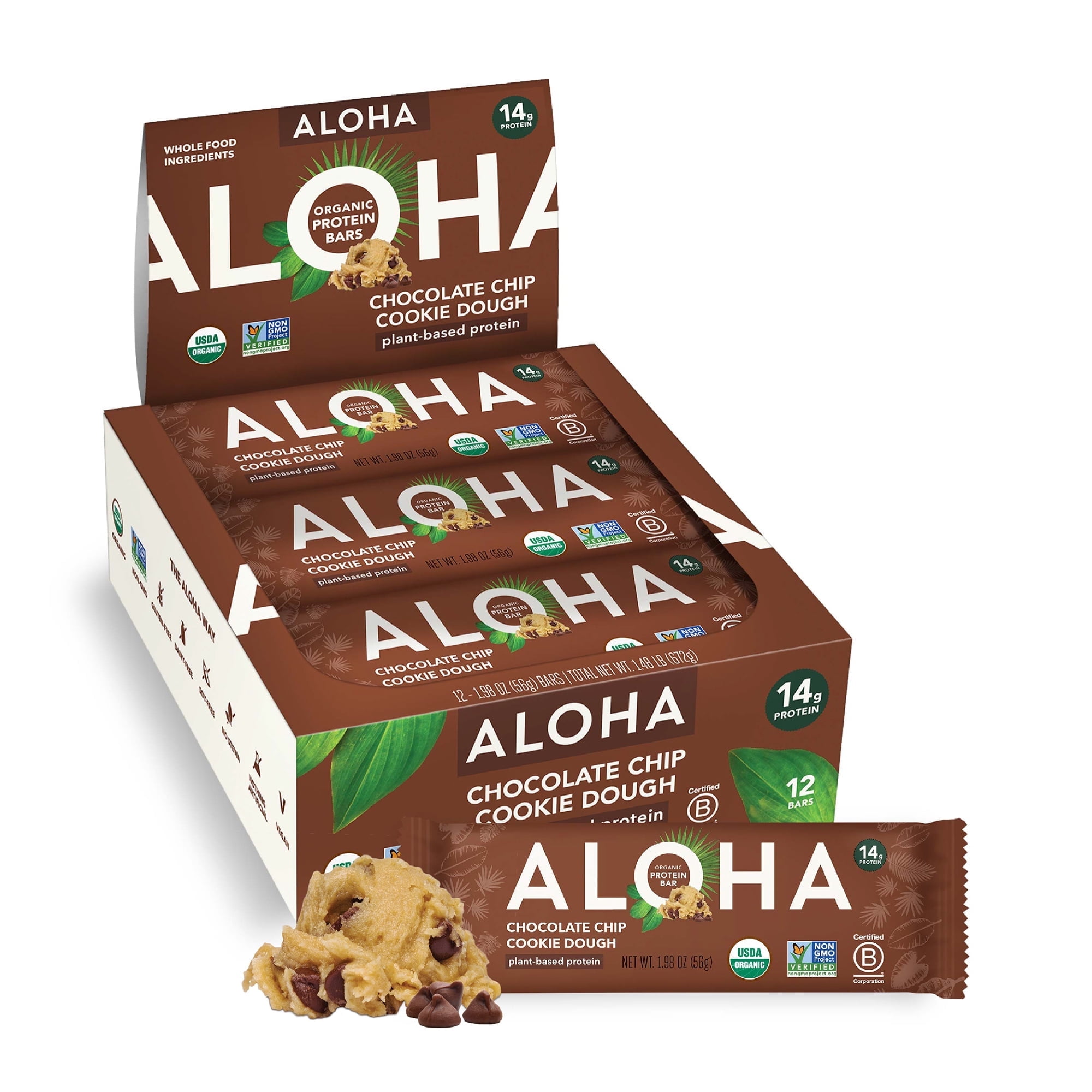 ALOHA High Organic, Vegan Plant-Based Protein Bars, Vegetarian, Chocolate Chip Cookie Dough, 14g Protein (Pack of 12)